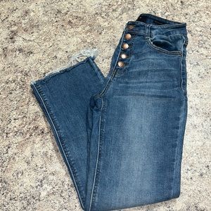 High rise button fly risen straight leg denim